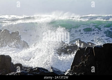 Wand aus Wasser wie Tsunami-turbulenten Wellen des Pazifik mehr als 8 Meter (schwer) und wilde Schönheit der Basaltfelsen Stockfoto