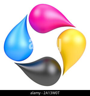 CMYK-Tropfen Logo 3D-Render Abbildung auf weißem Hintergrund Stockfoto