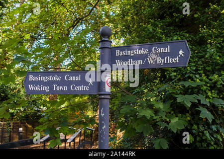 Wegweiser auf der öffentlichen Fußweg Leinpfad auf der Basingstoke Canal in der Nähe von Woking Maybury mit Wegbeschreibungen, die auf Örtliche Sehenswürdigkeiten Stockfoto