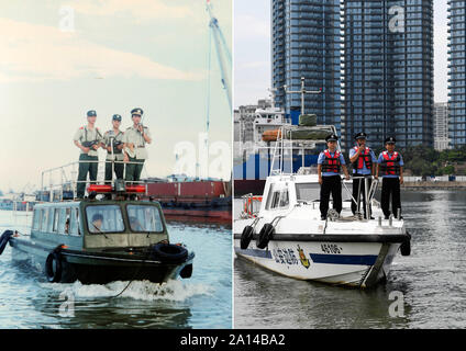 (190924)-BEIJING, Sept. 24, 2019 (Xinhua) - Links: Foto in den 1980er Jahren zeigt, bewaffnete Polizisten und Soldaten patrouillieren in Haikou, South China Hainan Provinz. Rechts: Foto am 25. Juni 2019 übernommen von Yang Guanyu zeigt Polizisten patrouillieren in Haikou Bucht in Hainan. In 1949, als die Volksrepublik China gegründet wurde, das chinesische Volk konfrontiert, ein verwüstetes Land, das von Grund auf neu aufgebaut werden, nach Jahrzehnten von Krieg und Chaos benötigt. Nach Jahrzehnten der unermüdlichen Bemühungen und Hingabe, die die Menschen in China, China ist inzwischen die zweitgrößte Volkswirtschaft der Welt zu werden. In der 1. Stockfoto