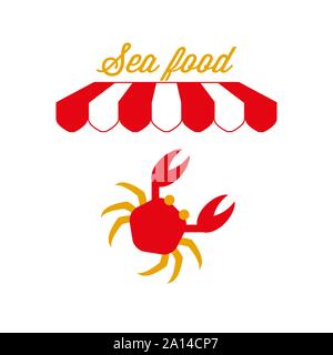 Sea Food Restaurant- bzw. Zeichen, Emblem. Rot-weiß gestreiften Markise Zelt. Krabben oder Hummer. Goldene und rote Farben. Flache Vector Illustration. Stock Vektor