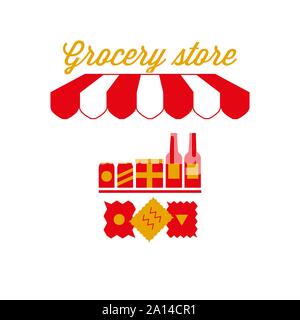 Lebensmittelgeschäft Zeichen, Emblem. Rot-weiß gestreiften Markise Zelt. Lebensmittelgeschäft Showcase Symbol. Goldene und rote Farben. Flache Vector Illustration. Stock Vektor