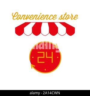 Convenience Store Zeichen, Emblem. Rot-weiß gestreiften Markise Zelt. 24 Stunden Symbol. Goldene und rote Farben. Flache Vector Illustration. Stock Vektor