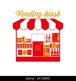 Kiosk Zeichen, Emblem. Rot-weiß gestreiften Markise Zelt. Essen und Trinken Storefront Symbol. Goldene und rote Farben. Flache Vector Illustration. Stock Vektor