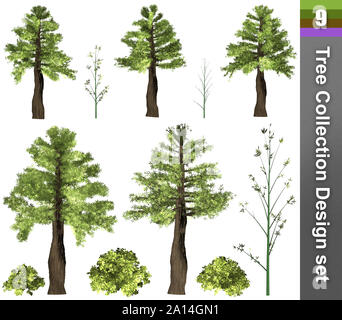 Baum Korrektur Design. 3D-Darstellung. Weißer Hintergrund isolieren. Natur und Gärten Design. Stockfoto