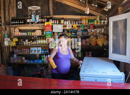 Neuquen, Argentinien - 13. Januar 2014: eine Frau Mapuche verkaufen in Ihrem Store in der Mitte der Anden, in der Nähe von Lanin Nationalpark in Southe Stockfoto