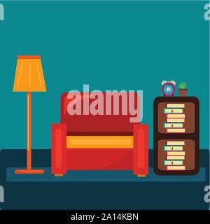 Wohnzimmer Konzept mit Sessel, Lampe, Bücherregal Vector Illustration Stock Vektor