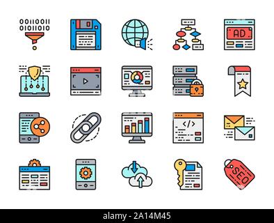Satz von Marketing Flachbild Color Line Symbole. SEO, Hosting, Werbung und mehr. Stock Vektor