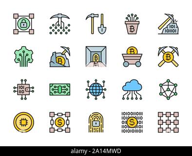 Satz von Blockchain Technologie Flache farbige Symbole. Packung mit 48 x 48 Pixel Icons Stock Vektor