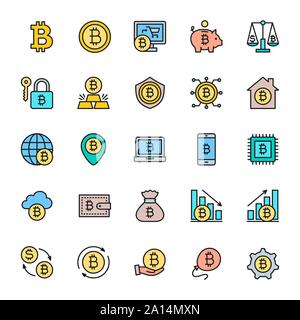 Satz von Bitcoin und Cryptocurrency flachen Farbe Symbole. Packung mit 48 x 48 Pixel Icons Stock Vektor