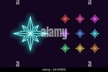 Neon Sterne mit 8 Ray, Weihnachten und Neujahr Dekoration. Bunte Festliches Set von Neon Sterne, umriss Stil. Leuchtende Symbol, Zeichen und Symbol für Urlaub Stock Vektor