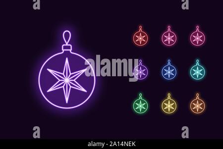 Neon Ball Spielzeug, Weihnachten und Neujahr Dekoration. Bunte Festliches Set von Neon Christmas Ball mit 6 Strahlen Star, umriss Stil. Leuchtende Symbol und Zeichen, Stock Vektor