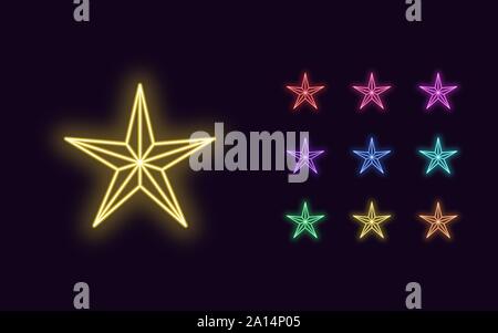 Neon Sterne mit 5 Ray, Weihnachten und Neujahr Dekoration. Bunte Festliches Set von Neon Sterne, umriss Stil. Leuchtende Symbol, Zeichen und Symbol für Urlaub Stock Vektor