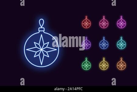 Neon Ball Spielzeug, Weihnachten und Neujahr Dekoration. Bunte Festliches Set von Neon Christmas Ball mit 8 Strahlen Star, umriss Stil. Leuchtende Symbol und Zeichen, Stock Vektor