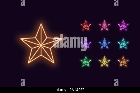 Neon Sterne mit 5 Ray, Weihnachten und Neujahr Dekoration. Bunte Festliches Set von Neon Sterne, umriss Stil. Leuchtende Symbol, Zeichen und Symbol für Urlaub Stock Vektor