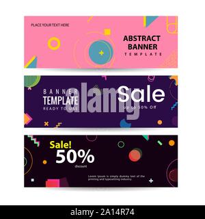 Memphis style Banner Design Set aus bunten Vorlagen mit geometrischen Formen, Perfekt für Ad Einladung, Präsentation Kopf, Seite, Abdeckung, Vektor illus Stock Vektor