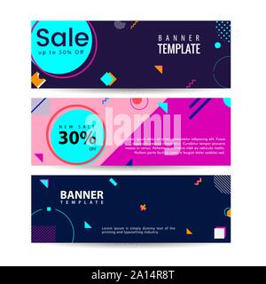 Memphis style Banner Design Set aus bunten Vorlagen mit geometrischen Formen, Perfekt für Ad Einladung, Präsentation Kopf, Seite, Abdeckung, Vektor illus Stock Vektor