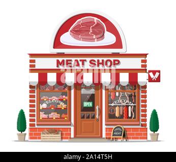 Vintage butcher shop shop Fassade mit Verkaufsplattform. Stock Vektor