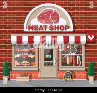 Vintage butcher shop shop Fassade mit Verkaufsplattform. Stock Vektor