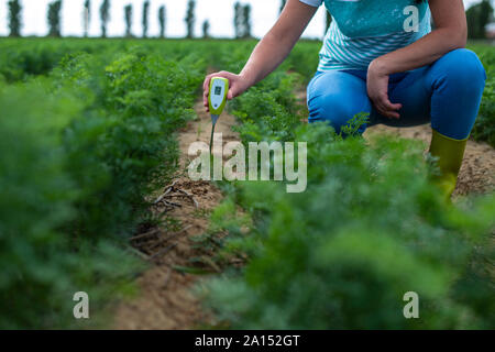 Messen Sie den Boden mit digitalen Gerät. Grüne Pflanzen und Frau Bauer messen PH-Wert und die Feuchtigkeit in der Erde. High-tech-Landwirtschaft Konzept. Stockfoto