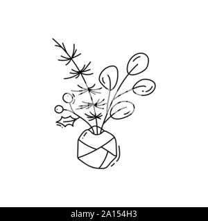 Monoline-versicherer Weihnachten Blumen und Pflanzen Blumenstrauß in Flaschen. Vektor Einrichtung winter Abbildung. Designelemente für Grußkarte, Poster und Web Stock Vektor