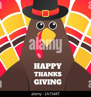 Happy Thanksgiving Day Flat Style Design poster Vector Illustration mit der Türkei, Text und Blätter im Herbst. Türkei mit Hut und farbigen Federn celebrat Stock Vektor