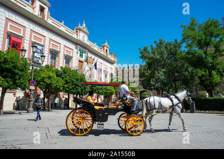 Pferdekutschen auf der Plaza Virgen de los Reyes und der Palast des Erzbischofs von Sevilla (Palacio Arzobispal) und Alcazar, Sevilla, Spanien Stockfoto