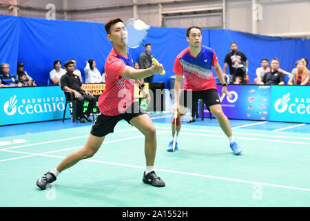 Sydney, Australien. 22 Sep, 2019. Alvin Morada und Peter Gabriel Magnaye (Philippinen) in Aktion gesehen, während der 2019 Sydney International Mens verdoppelt Fall Finale Match gegen Chen Xin-Yuan und Lin Yu Chieh (Chinese Taipei). Morada und Magnaye verloren das Match, 9-21, 19-21. Credit: SOPA Images Limited/Alamy leben Nachrichten Stockfoto