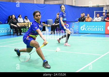 Sydney, Australien. 22 Sep, 2019. Muralitharan Thinaah und Tan Pearly Koong Le (Malaysia) sind in der Tätigkeit während des Sydney internationalen Frauen verdoppelt Finale Match gegen Cheng Yu Chieh und Tseng Yu-Chi erklärt (Chinese Taipei) gesehen. Thinaah und Tan verlor das Match, 17-21, 21-17, 13-21. Credit: SOPA Images Limited/Alamy leben Nachrichten Stockfoto