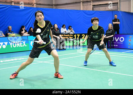 Sydney, Australien. 22 Sep, 2019. Cheng Yu Chieh und Tseng Yu-Chi erklärt (Chinese Taipei) sind in der Tätigkeit während des Sydney internationalen Frauen verdoppelt Finale Match gegen Muralitharan Thinaah und Tan Pearly Koong Le (Malaysia) gesehen. Cheng und Tseng gewann das Match 21-17, 17-21, 21-13. Credit: SOPA Images Limited/Alamy leben Nachrichten Stockfoto