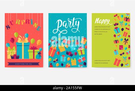 Geschenk Informationen Karten eingestellt. Lassen sie sich überraschen Vorlage von flyear, Zeitschriften, Plakate, Cover, Banner. Box Infografik Konzept Hintergrund. Layout Illustrationen moderne Seiten mit Typografie Stock Vektor