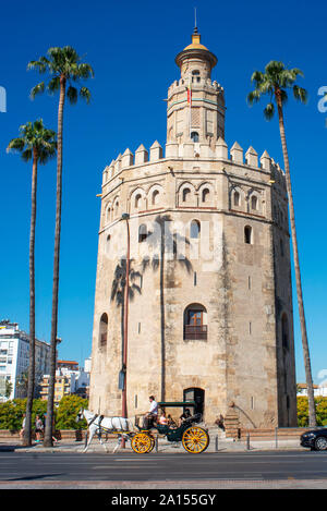 Sevilla Torre del Oro, Blick auf den Maurischen Turm Torre del Oro von Gold in der Altstadt von Sevilla, Andalusien, Spanien. Stockfoto