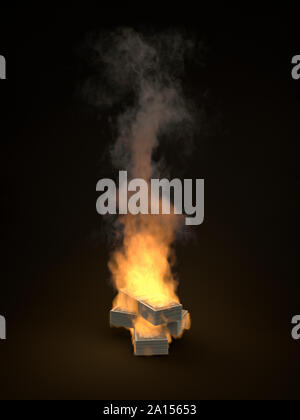 Stapel von US-Dollarnoten Banknoten auf Feuer in Flammen Stockfoto