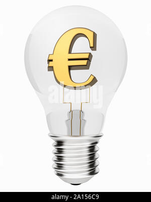 Glühbirne mit Euro Symbol innen - Kosten für Energie Konzept Stockfoto