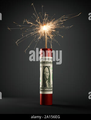 Stange Dynamit mit uns einen Dollar Bill beleuchtet und Brennen Stockfoto