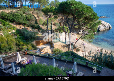 Platja d'Aro. Cala del Pi Strand an der Costa Brava. Cami de Ronda. In der Provinz Girona. Katalonien. Spanien Stockfoto