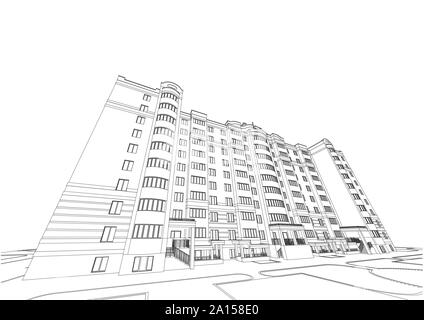 Mehrstöckiges Gebäude, detaillierte technische Zeichnung, Vektor Blueprint Stock Vektor