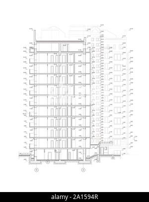 Mehrstöckiges Gebäude Fassade, detaillierte technische Zeichnung, Vektor Blueprint Stock Vektor
