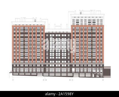 Mehrstöckiges Gebäude Fassade, detaillierte technische Zeichnung, Vektor Blueprint Stock Vektor