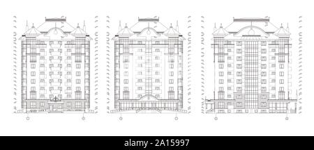 Mehrstöckiges Gebäude Fassade, detaillierte technische Zeichnung, Vektor Blueprint Stock Vektor