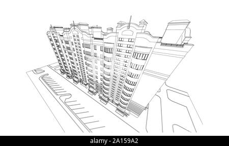 Mehrstöckiges Gebäude Fassade, detaillierte technische Zeichnung, Vektor Blueprint Stock Vektor