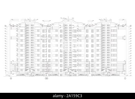 Mehrstöckiges Gebäude Fassade, detaillierte technische Zeichnung, Vektor Blueprint Stock Vektor