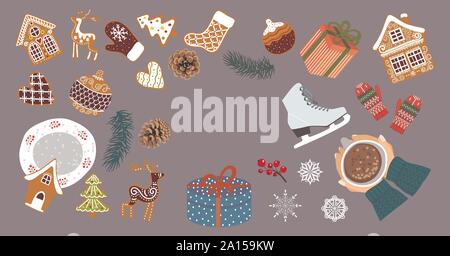 Bündel von isolierten Designer Elemente für Weihnachten und Neues Jahr - Lebkuchen, Geschenke, kiefernzapfen, fichte Äste, Handschuhe, Hände mit einer Tasse heißen Stock Vektor