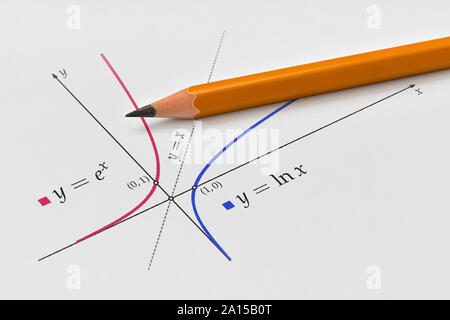 Exponentielle und natürlichen logarithmische Funktion gezeichnet auf hellen Hintergrund Stockfoto
