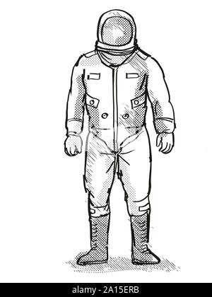 Retro Cartoon Stil Zeichnung eines Vintage Astronaut oder spaceman tragen Raumanzug von vorne auf dem isolierten weißen Hintergrund mit halb fertig gesehen-Ton tun Stockfoto