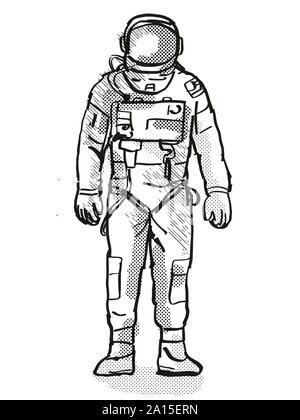 Retro Cartoon Stil Zeichnung eines Vintage Astronaut oder spaceman tragen Raumanzug von vorne auf dem isolierten weißen Hintergrund mit halb fertig gesehen-Ton tun Stockfoto
