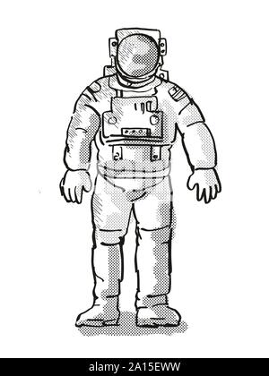 Retro Cartoon Stil Zeichnung eines Vintage Astronaut oder spaceman tragen Raumanzug von vorne auf dem isolierten weißen Hintergrund mit halb fertig gesehen-Ton tun Stockfoto