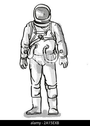 Retro Cartoon Stil Zeichnung eines Vintage Astronaut oder spaceman tragen Raumanzug von vorne auf dem isolierten weißen Hintergrund mit halb fertig gesehen-Ton tun Stockfoto
