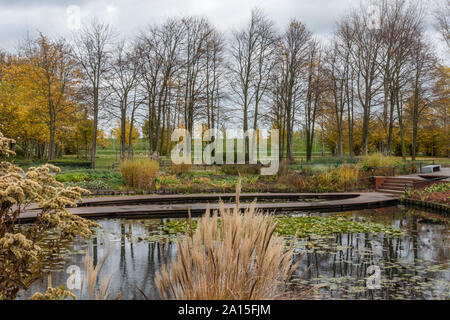 Herbst Szene mit rot gelb braun und orange Farben den Wechsel der Jahreszeiten mit Reflexionen der Zweige und der Himmel im Wasser Stockfoto