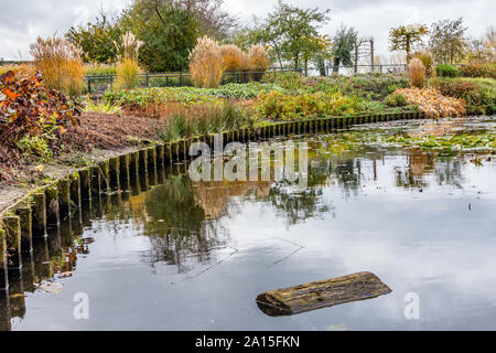 Herbst Szene mit rot gelb braun und orange Farben den Wechsel der Jahreszeiten mit Reflexionen der Zweige und der Himmel im Wasser Stockfoto